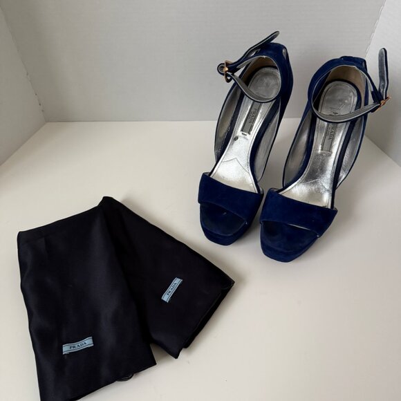 Prada Navy Suede Platform Block Heel Sandals - Picture 2 of 6